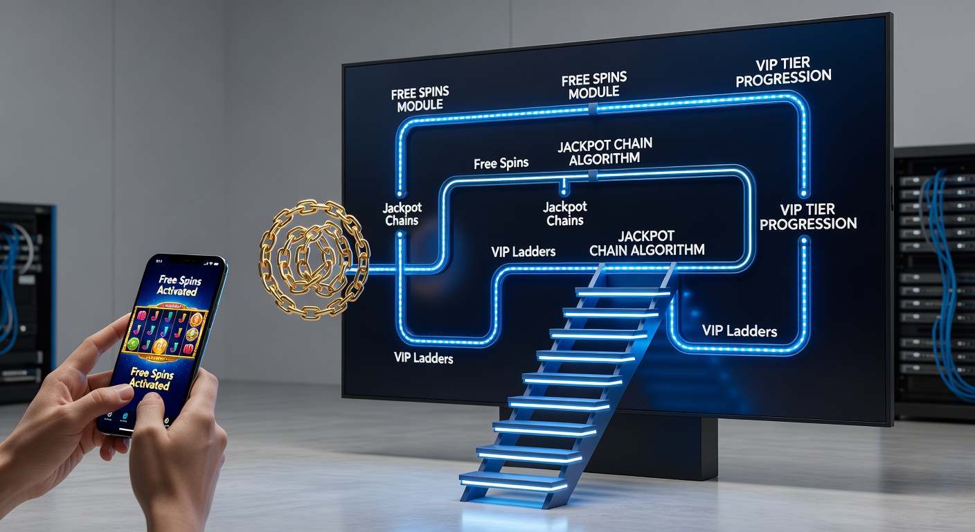 Visualisatie van VIP-ladders klimmend naar jackpot-prijzen, met free spins als brandstof in een mobiele slot-omgeving