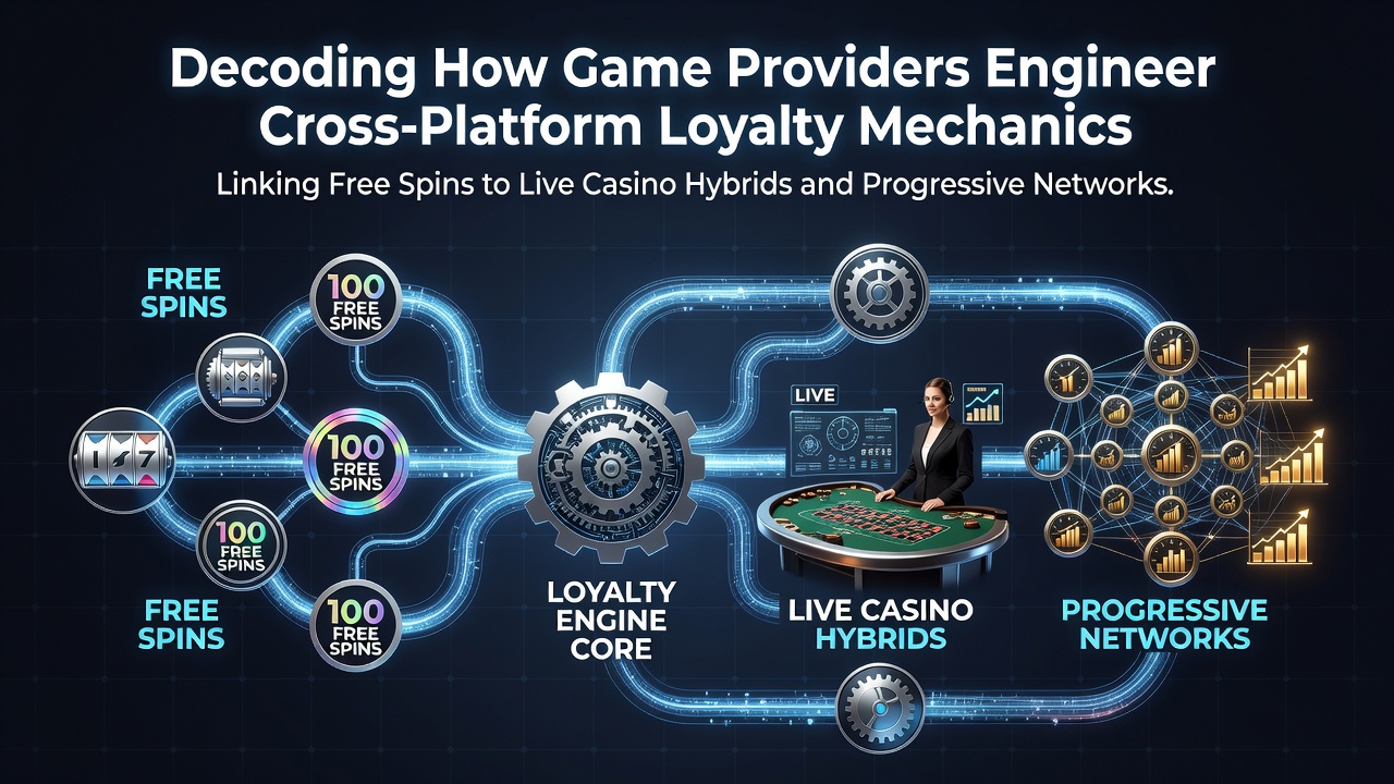 Illustratie van cross-platform loyaliteitsmechanismen in online slots en live casino's met gratis spins en progressieve jackpots