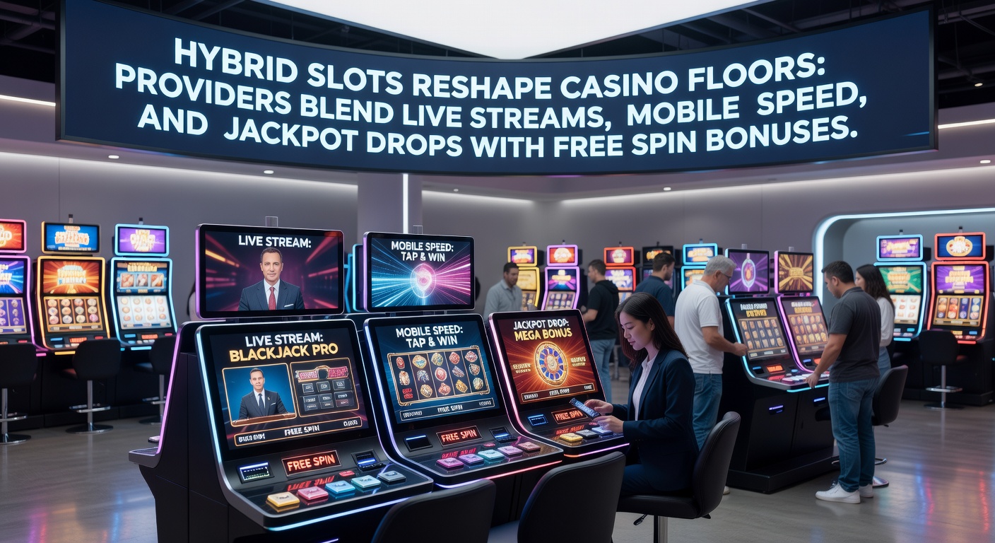 Moderne casinovloer met hybride gokkasten die live streams en mobiele schermen integreren, jackpotlichten knipperen fel