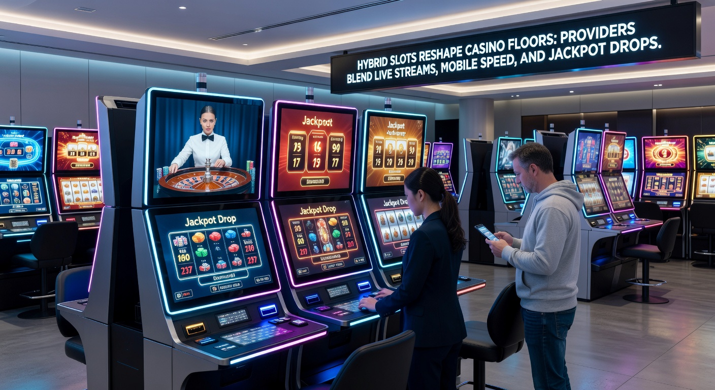 Speler bij hybride gokkast met mobiele telefoon in hand, scherm toont live stream jackpot en gratis spins actie