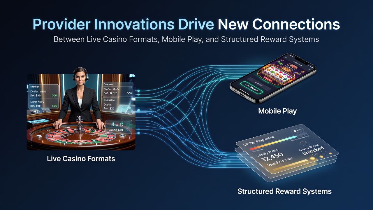 Illustratie van provider innovaties die live casino formats verbinden met mobiel spelen en beloningssystemen