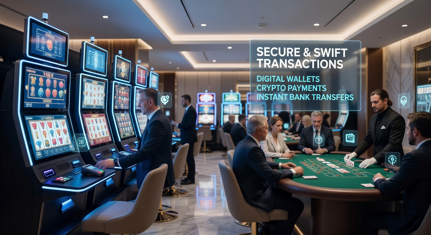 Grafiek met stijgende lijnen van transactievolumes en beveiligingsiconen naast afbeeldingen van creditcards, mobiele wallets en cryptocurrency symbolen, illustrerend de evolutie van betaalmethoden in casino's